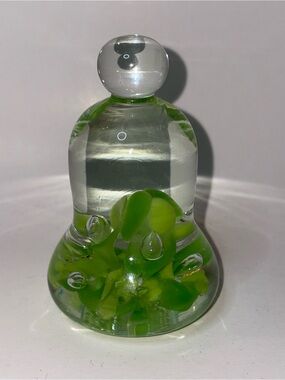 Glass Paper Weight Bell Joe St. Clair Vintage Clear and Green Flowers Bubbles